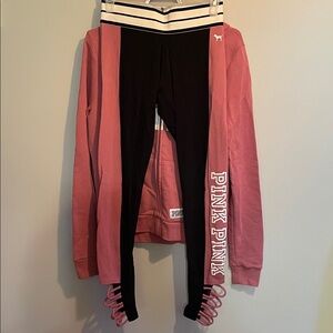 PINK Victoria's Secret Black and Pink Striped Leggings with Zippered Hoodie